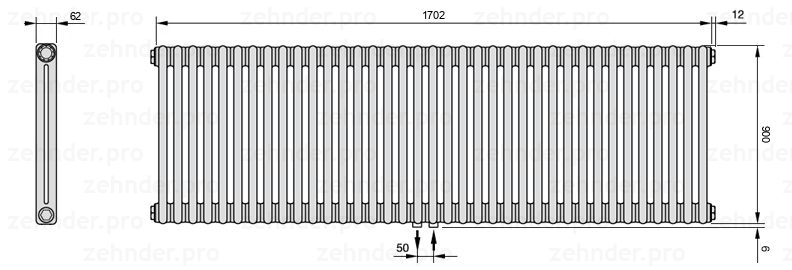 Схема (чертеж) Радиатор Zehnder Charleston 2090/37 №5410 Белый глянцевый RAL 9016